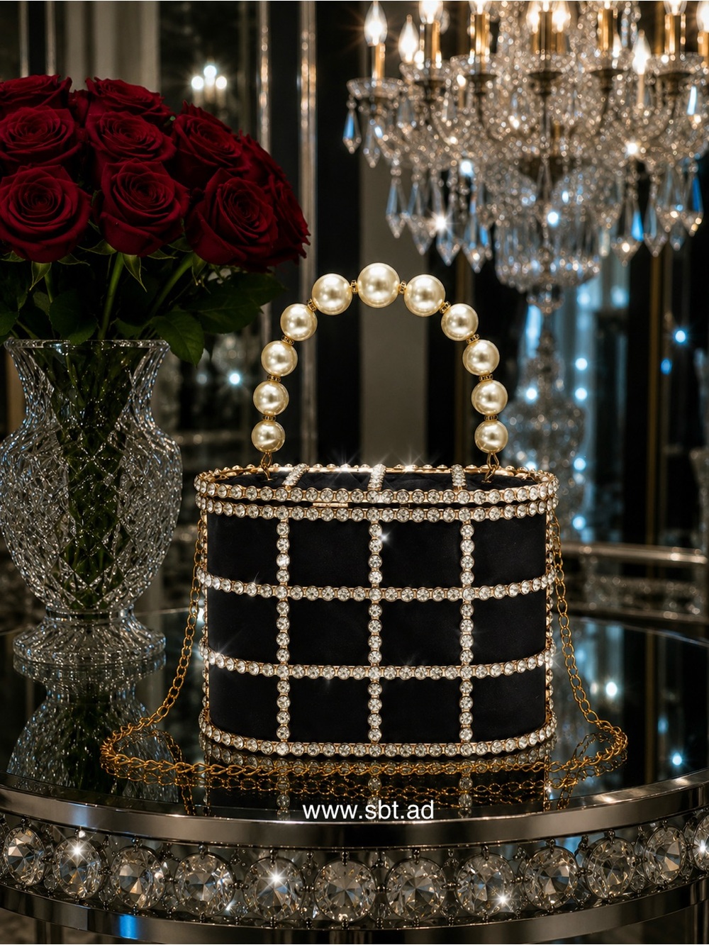 NEW Pearl & Rhinestones Clutch Purse Sparkling Bling Swarovski Crystal Bag - Picture 10 of 17